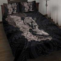 Hawaiian Tropical Plants Turtle and Shark Quilt Bed Set Polynesian Art Tattoo Grayscale Color
