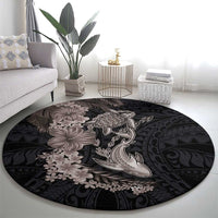 Hawaiian Tropical Plants Turtle and Shark Round Carpet Polynesian Art Tattoo Grayscale Color