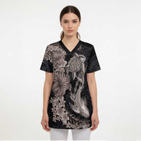 Hawaiian Tropical Plants Turtle and Shark Scrub Top Polynesian Art Tattoo Grayscale Color - Polynesian Pride