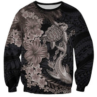 Hawaiian Tropical Plants Turtle and Shark Sweatshirt Polynesian Art Tattoo Grayscale Color