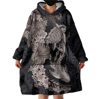 Hawaiian Tropical Plants Turtle and Shark Wearable Blanket Hoodie Polynesian Art Tattoo Grayscale Color