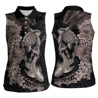 Hawaiian Tropical Plants Turtle and Shark Women Sleeveless Polo Shirt Polynesian Art Tattoo Grayscale Color