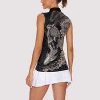 Hawaiian Tropical Plants Turtle and Shark Women Sleeveless Polo Shirt Polynesian Art Tattoo Grayscale Color