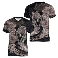 Hawaiian Tropical Plants Turtle and Shark Women V-Neck T-Shirt Polynesian Art Tattoo Grayscale Color