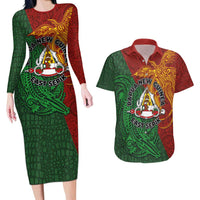 Papua New Guinea East Sepik Province Couples Matching Long Sleeve Bodycon Dress and Hawaiian Shirt Tribal Crocodile Birds of Paradise Melanesian Tattoo