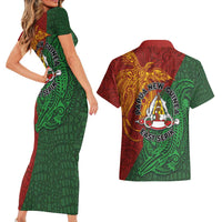 Papua New Guinea East Sepik Province Couples Matching Short Sleeve Bodycon Dress and Hawaiian Shirt Tribal Crocodile Birds of Paradise Melanesian Tattoo