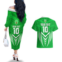 Custom Kimbe Cutters Rugby Couples Matching Off The Shoulder Long Sleeve Dress and Hawaiian Shirt Papua New Guinea Polynesian Tattoo Green Version LT03 - Polynesian Pride