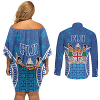 Fiji Day Couples Matching Off Shoulder Short Dress and Long Sleeve Button Shirt Fijian Masi Tribal Hibiscus Tattoo and Tapa Pattern