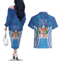 Fiji Day Couples Matching Off The Shoulder Long Sleeve Dress and Hawaiian Shirt Fijian Masi Tribal Hibiscus Tattoo and Tapa Pattern