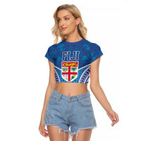 Fiji Day Raglan Cropped T Shirt Fijian Masi Tribal Hibiscus Tattoo and Tapa Pattern LT03 Female Blue - Polynesian Pride