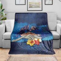 Polynesian Scuba Diving Blanket Honu with Hibiscus and Plumeria Flower and Tapa Tribal Pattern