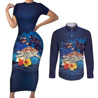 Polynesian Scuba Diving Couples Matching Short Sleeve Bodycon Dress and Long Sleeve Button Shirt Honu with Hibiscus and Plumeria Flower and Tapa Tribal Pattern