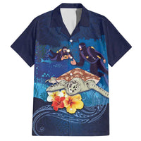 Polynesian Scuba Diving Family Matching Long Sleeve Bodycon Dress and Hawaiian Shirt Honu with Hibiscus and Plumeria Flower and Tapa Tribal Pattern LT03 Dad's Shirt - Short Sleeve Blue - Polynesian Pride