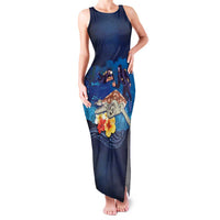 Polynesian Scuba Diving Family Matching Tank Maxi Dress and Hawaiian Shirt Honu with Hibiscus and Plumeria Flower and Tapa Tribal Pattern LT03 Mom's Dress Blue - Polynesian Pride