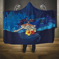Polynesian Scuba Diving Hooded Blanket Honu with Hibiscus and Plumeria Flower and Tapa Tribal Pattern