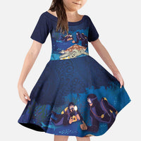 Polynesian Scuba Diving Kid Short Sleeve Dress Honu with Hibiscus and Plumeria Flower and Tapa Tribal Pattern LT03 KID Blue - Polynesian Pride