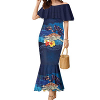 Polynesian Scuba Diving Mermaid Dress Honu with Hibiscus and Plumeria Flower and Tapa Tribal Pattern LT03 Women Blue - Polynesian Pride