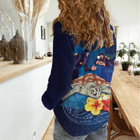 Polynesian Scuba Diving Women Casual Shirt Honu with Hibiscus and Plumeria Flower and Tapa Tribal Pattern