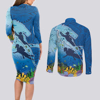 Polynesian Scuba Diving Couples Matching Long Sleeve Bodycon Dress and Long Sleeve Button Shirt Beauty Corals with Underwater and Polynesian Pattern