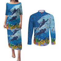 Polynesian Scuba Diving Couples Matching Puletasi and Long Sleeve Button Shirt Beauty Corals with Underwater and Polynesian Pattern