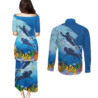 Polynesian Scuba Diving Couples Matching Puletasi and Long Sleeve Button Shirt Beauty Corals with Underwater and Polynesian Pattern