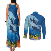 Polynesian Scuba Diving Couples Matching Tank Maxi Dress and Long Sleeve Button Shirt Beauty Corals with Underwater and Polynesian Pattern