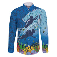 Polynesian Scuba Diving Family Matching Off Shoulder Short Dress and Hawaiian Shirt Beauty Corals with Underwater and Polynesian Pattern LT03 Dad's Shirt - Long Sleeve Blue - Polynesian Pride