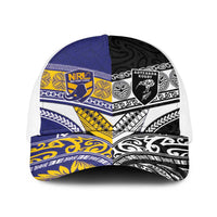 Niue and Aotearoa Rugby Baseball Net Cap Hiapo with Maori Moko Tribal Heritage Tattoos LT03 One Size White Black - Polynesian Pride