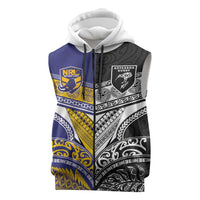 Custom Rugby Niue and Aotearoa Sleeveless Zip Hoodie Hiapo with Maori Moko Tribal Heritage Tattoos - Polynesian Pride