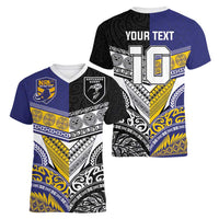 Custom Rugby Niue and Aotearoa Women V-Neck T-Shirt Hiapo with Maori Moko Tribal Heritage Tattoos - Polynesian Pride