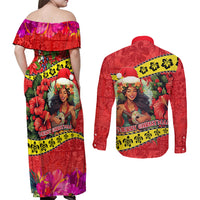 Hawaii Christmas Couples Matching Off Shoulder Maxi Dress and Long Sleeve Button Shirt Hula Girl Hibiscus With Hawaiian Style Tribal Fabric Patchwork LT03 - Polynesian Pride