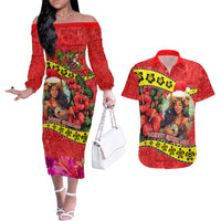 Hawaii Christmas Couples Matching Off The Shoulder Long Sleeve Dress and Hawaiian Shirt Hula Girl Hibiscus With Hawaiian Style Tribal Fabric Patchwork LT03 Red - Polynesian Pride