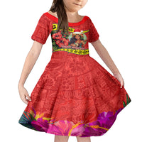 Hawaii Christmas Family Matching Long Sleeve Bodycon Dress and Hawaiian Shirt Hula Girl Hibiscus With Hawaiian Style Tribal Fabric Patchwork LT03 Daughter's Dress Red - Polynesian Pride