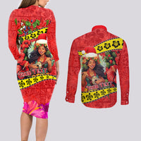 Personalised Hawaii Christmas Couples Matching Long Sleeve Bodycon Dress and Long Sleeve Button Shirt Hula Girl Hibiscus With Hawaiian Style Tribal Fabric Patchwork LT03 - Polynesian Pride
