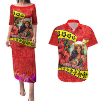 Personalised Hawaii Christmas Couples Matching Puletasi Dress and Hawaiian Shirt Hula Girl Hibiscus With Hawaiian Style Tribal Fabric Patchwork LT03 Red - Polynesian Pride