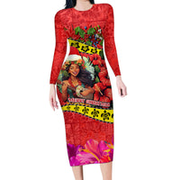 Personalised Hawaii Christmas Family Matching Long Sleeve Bodycon Dress and Hawaiian Shirt Hula Girl Hibiscus With Hawaiian Style Tribal Fabric Patchwork LT03 Mom's Dress Red - Polynesian Pride