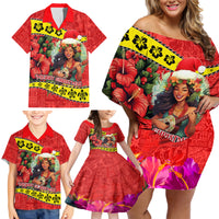 Personalised Hawaii Christmas Family Matching Off Shoulder Short Dress and Hawaiian Shirt Hula Girl Hibiscus With Hawaiian Style Tribal Fabric Patchwork LT03 - Polynesian Pride