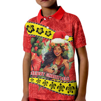 Personalised Hawaii Christmas Kid Polo Shirt Hula Girl Hibiscus With Hawaiian Style Tribal Fabric Patchwork LT03 Kid Red - Polynesian Pride