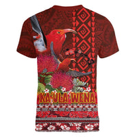 Hawaii KaʻUla Wena ʻIʻiwi Women V-Neck T-Shirt With Tropical Plants and 'Ohi'a lehua Kakau Art Tattoo