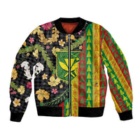Hawaiian Tropical Plants Lei Bomber Jacket Kanaka Maoli Tribal with Palaka Motifs - Polynesian Pride