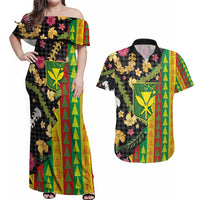 Hawaiian Tropical Plants Lei Couples Matching Off Shoulder Maxi Dress and Hawaiian Shirt Kanaka Maoli Tribal with Palaka Motifs - Polynesian Pride