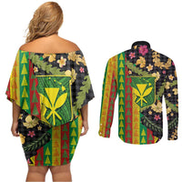 Hawaiian Tropical Plants Lei Couples Matching Off Shoulder Short Dress and Long Sleeve Button Shirt Kanaka Maoli Tribal with Palaka Motifs - Polynesian Pride