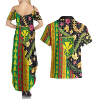 Hawaiian Tropical Plants Lei Couples Matching Summer Maxi Dress and Hawaiian Shirt Kanaka Maoli Tribal with Palaka Motifs - Polynesian Pride