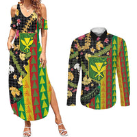 Hawaiian Tropical Plants Lei Couples Matching Summer Maxi Dress and Long Sleeve Button Shirt Kanaka Maoli Tribal with Palaka Motifs - Polynesian Pride