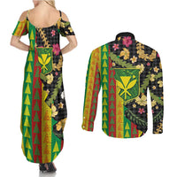Hawaiian Tropical Plants Lei Couples Matching Summer Maxi Dress and Long Sleeve Button Shirt Kanaka Maoli Tribal with Palaka Motifs - Polynesian Pride