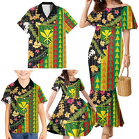 Hawaiian Tropical Plants Lei Family Matching Mermaid Dress and Hawaiian Shirt Kanaka Maoli Tribal with Palaka Motifs - Polynesian Pride