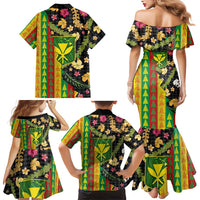 Hawaiian Tropical Plants Lei Family Matching Mermaid Dress and Hawaiian Shirt Kanaka Maoli Tribal with Palaka Motifs - Polynesian Pride