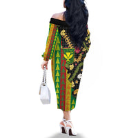 Hawaiian Tropical Plants Lei Family Matching Off The Shoulder Long Sleeve Dress and Hawaiian Shirt Kanaka Maoli Tribal with Palaka Motifs - Polynesian Pride