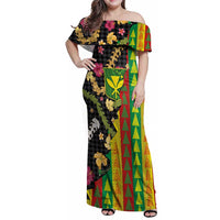 Hawaiian Tropical Plants Lei Family Matching Off Shoulder Maxi Dress and Hawaiian Shirt Kanaka Maoli Tribal with Palaka Motifs - Polynesian Pride