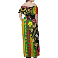 Hawaiian Tropical Plants Lei Family Matching Off Shoulder Maxi Dress and Hawaiian Shirt Kanaka Maoli Tribal with Palaka Motifs - Polynesian Pride